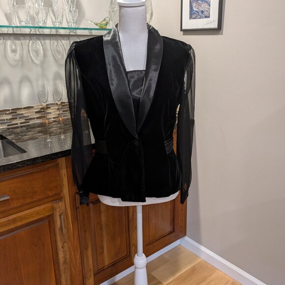 Vintage R&K Evening Blazer Black Velvet Sheer Chiffon Sleeve Tuxedo Jacket Sz 8 - Picture 1 of 6